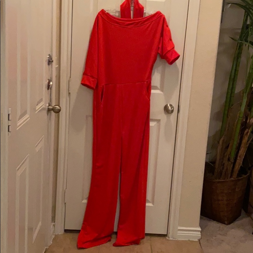 Red polyester pants suit 227